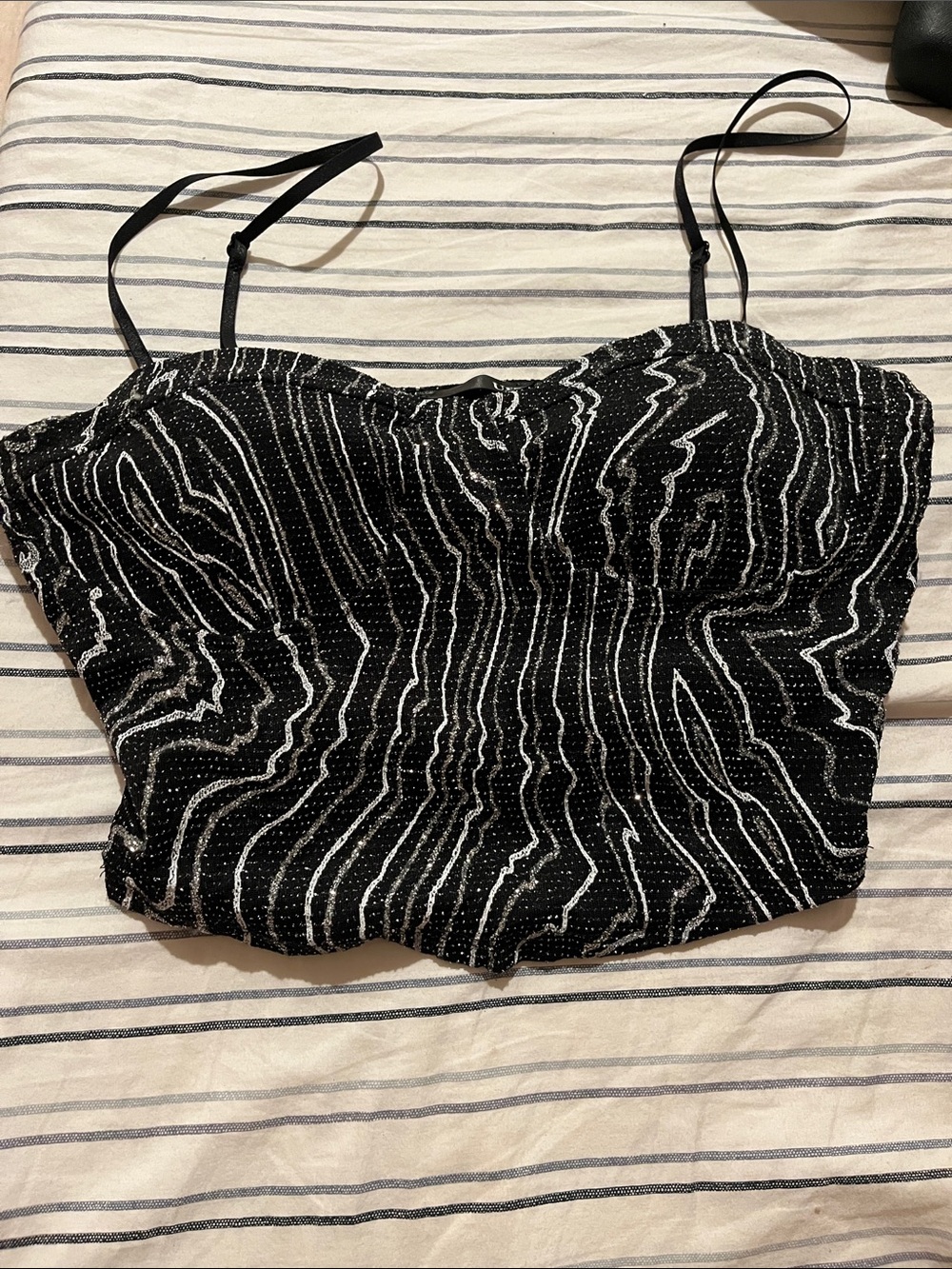Black Sequin Wave-Pattern Bustier Camisole